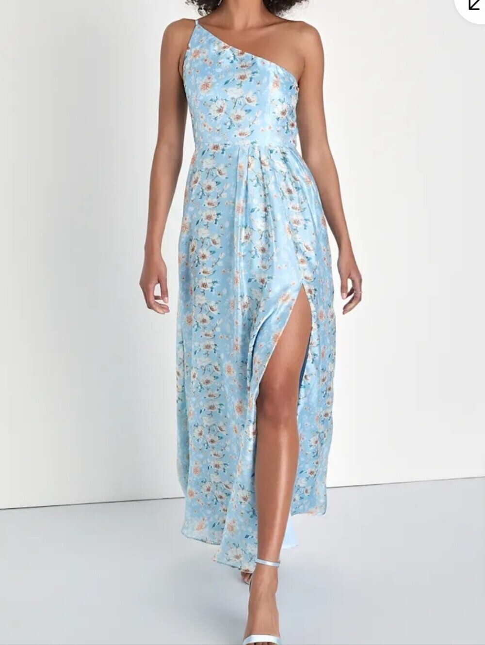 NWT Lulus Bloom Into Love Blue Floral Organza One-Shoulder Maxi Dress